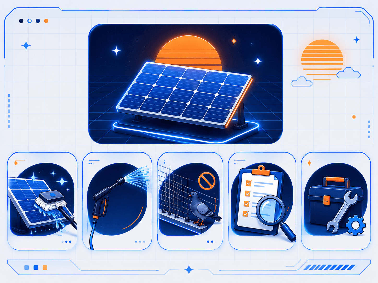 Solar panel cleaning and pigeon control FAQ support visuals